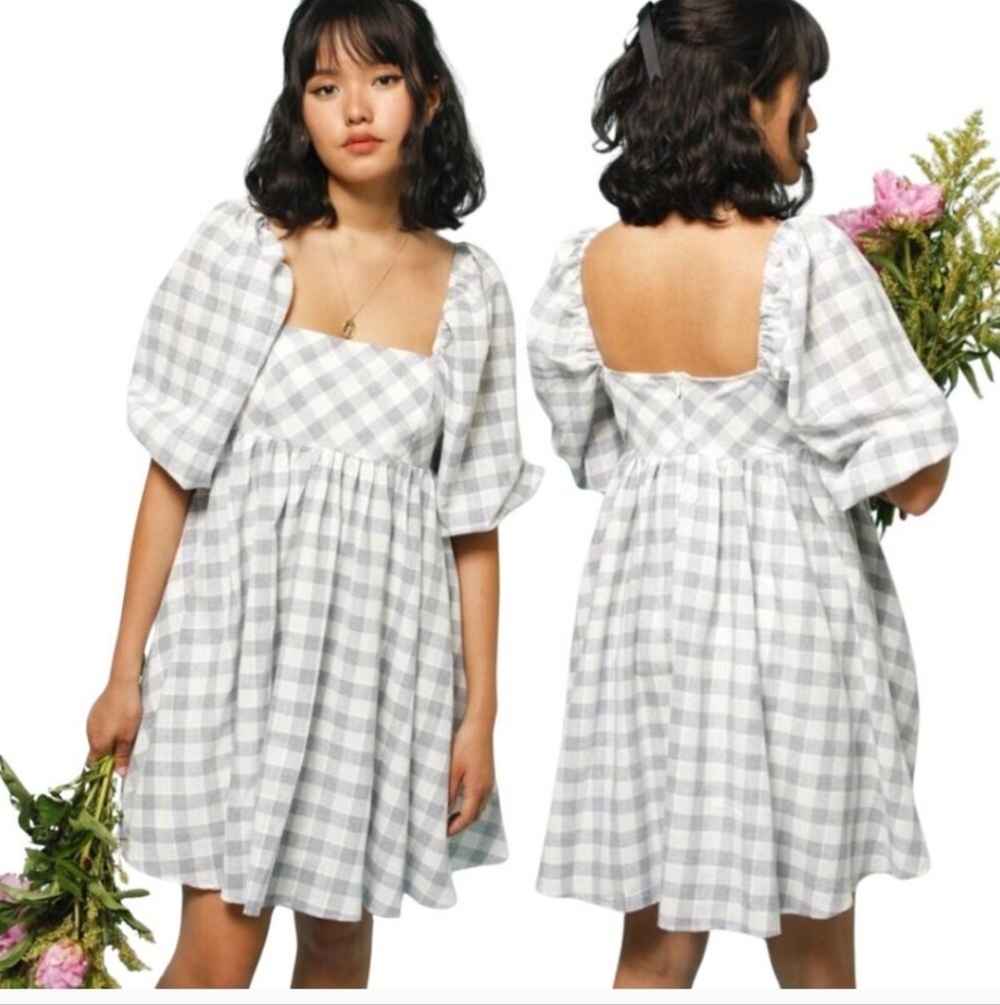 STORIA Cottagecore Plaid, Square Neck, Puff Sleeves Babydoll Mini Dress Size M